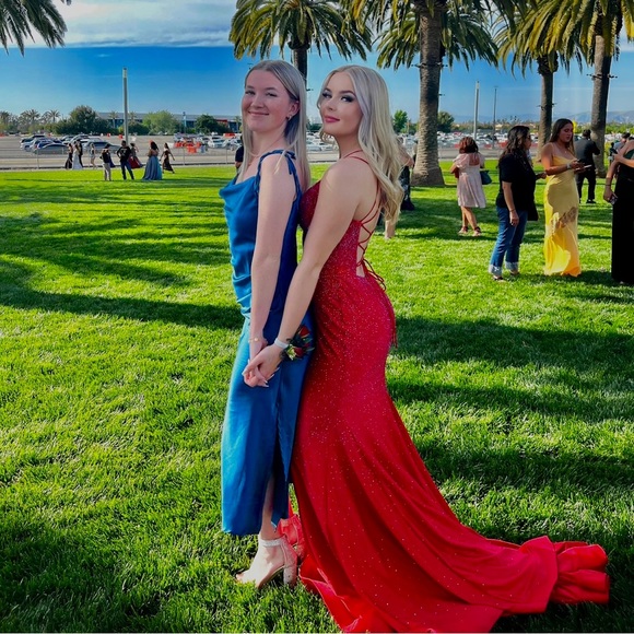 SHERRI HILL: Red Sparkle Lace Up Prom Dress, Worn Once. - Picture 1 of 3